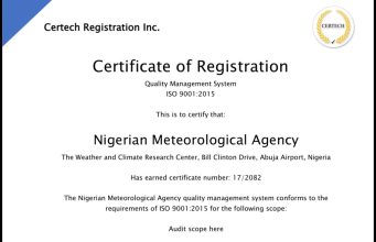 NiMet Achieves ISO 9001: 2015 Certification for Aero-Met Services at Yola, Osubi, Owerri Airports